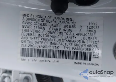 2020 Honda Civic Lx z USA, uszkodzony, nr VIN 2HGFC2F66LH512193